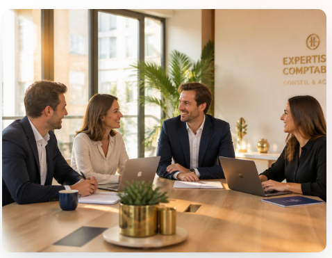 L'équipe du cabinet d'expertise comptable Aurus en réunion dans ses bureaux de Roanne, Saint-Étienne et Lyon